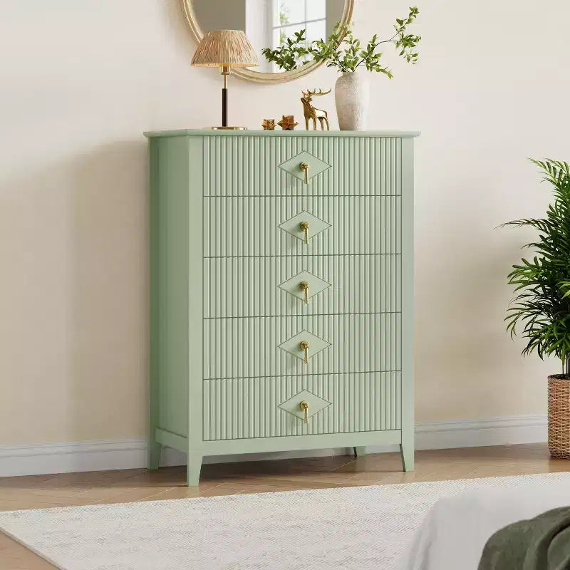 Kommode mit 5 Schubladen, geriffelter Front und 42.9 Höhe, modernes Wellendesign, Holzkommode mit Metallgriffen für Schlafzimmer und Wohnzimmer