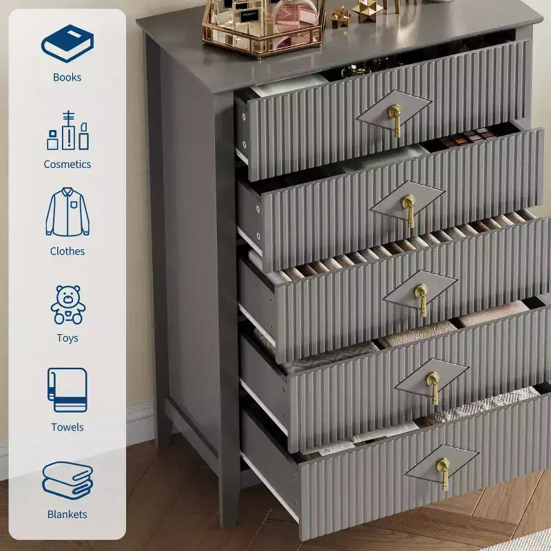 Commode cannelée à 5 tiroirs de 42.9 de haut, avec design moderne ondulé et poignées en métal, pour chambre et salon