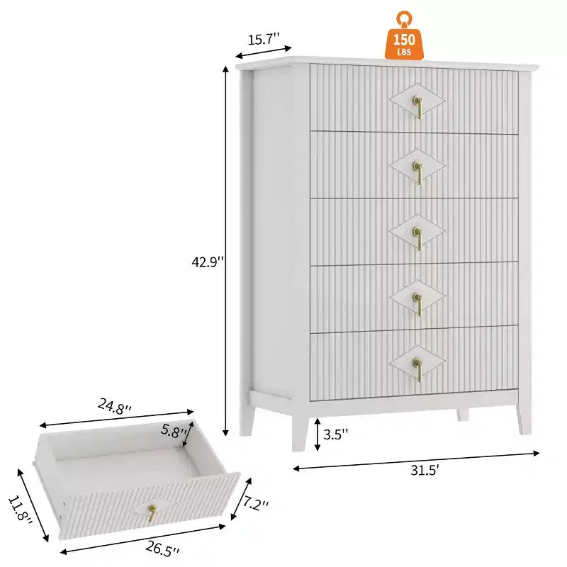 Commode cannelée à 5 tiroirs de 42.9 de haut, avec design moderne ondulé et poignées en métal, pour chambre et salon