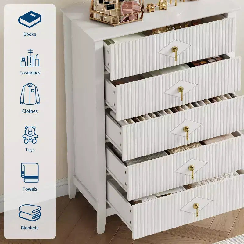 Commode cannelée à 5 tiroirs de 42.9 de haut, avec design moderne ondulé et poignées en métal, pour chambre et salon