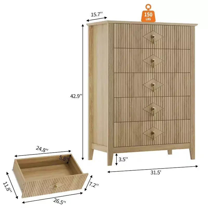 Commode cannelée à 5 tiroirs de 42.9 de haut, avec design moderne ondulé et poignées en métal, pour chambre et salon
