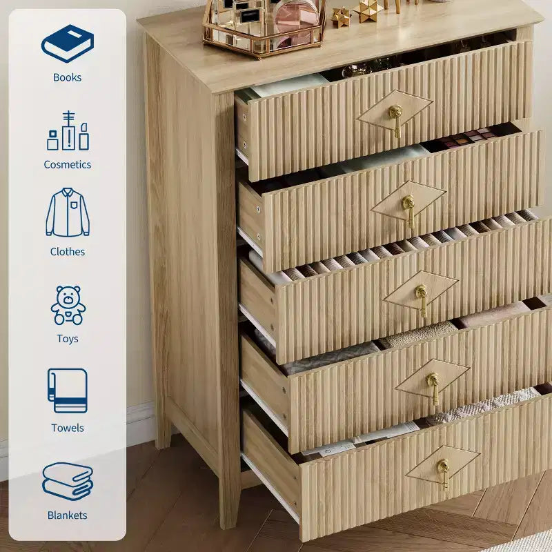 Commode cannelée à 5 tiroirs de 42.9 de haut, avec design moderne ondulé et poignées en métal, pour chambre et salon