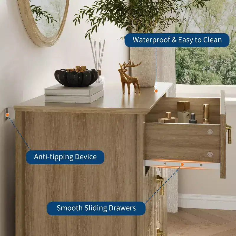 Commode cannelée à 5 tiroirs de 42.9 de haut, avec design moderne ondulé et poignées en métal, pour chambre et salon