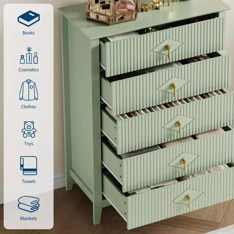 Kommode mit 5 Schubladen, geriffelter Front und 42.9 Höhe, modernes Wellendesign, Holzkommode mit Metallgriffen für Schlafzimmer und Wohnzimmer