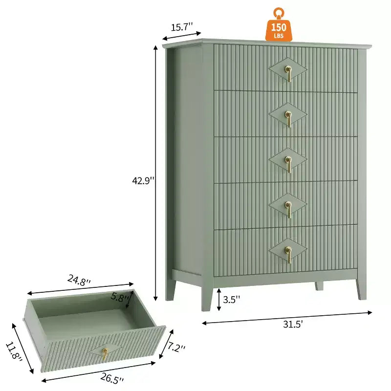 Commode cannelée à 5 tiroirs de 42.9 de haut, avec design moderne ondulé et poignées en métal, pour chambre et salon