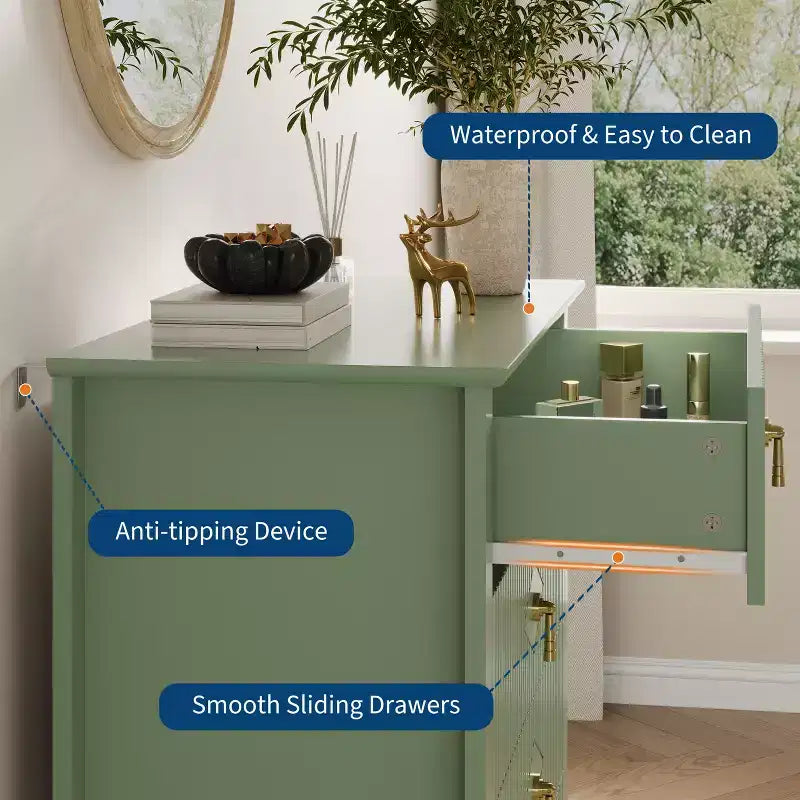 Commode cannelée à 5 tiroirs de 42.9 de haut, avec design moderne ondulé et poignées en métal, pour chambre et salon