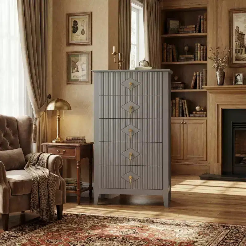Kommode mit 5 Schubladen, geriffelter Front und 42.9 Höhe, modernes Wellendesign, Holzkommode mit Metallgriffen für Schlafzimmer und Wohnzimmer