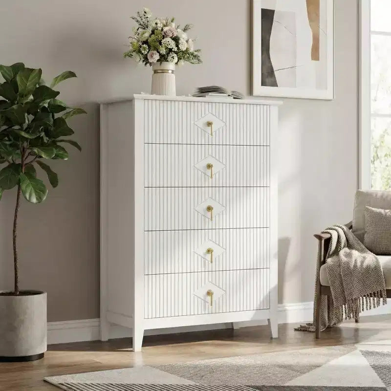Kommode mit 5 Schubladen, geriffelter Front und 42.9 Höhe, modernes Wellendesign, Holzkommode mit Metallgriffen für Schlafzimmer und Wohnzimmer