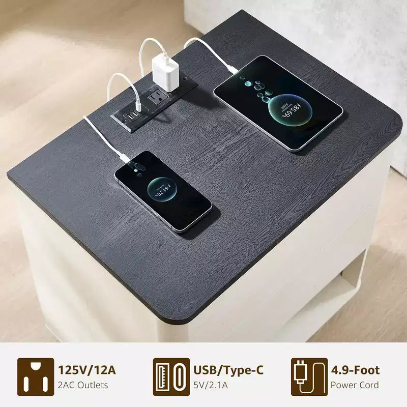 Table de chevet moderne 22 avec façade incurvée, en bois, avec station de recharge et tiroirs à ouverture par pression, meuble de rangement