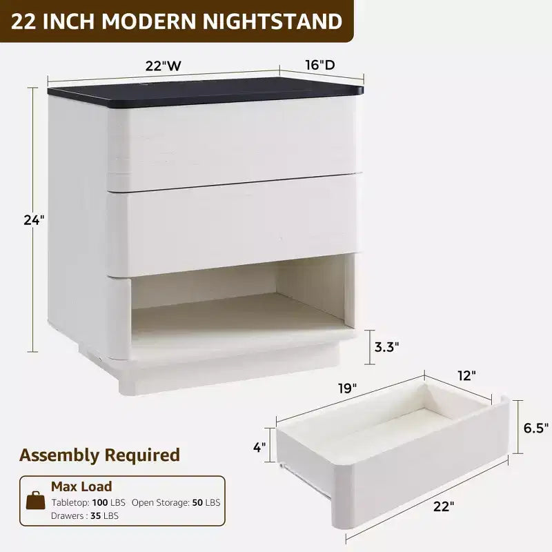 Table de chevet moderne 22 avec façade incurvée, en bois, avec station de recharge et tiroirs à ouverture par pression, meuble de rangement