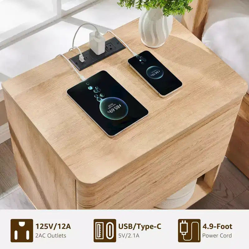 Table de chevet moderne 22 avec façade incurvée, en bois, avec station de recharge et tiroirs à ouverture par pression, meuble de rangement