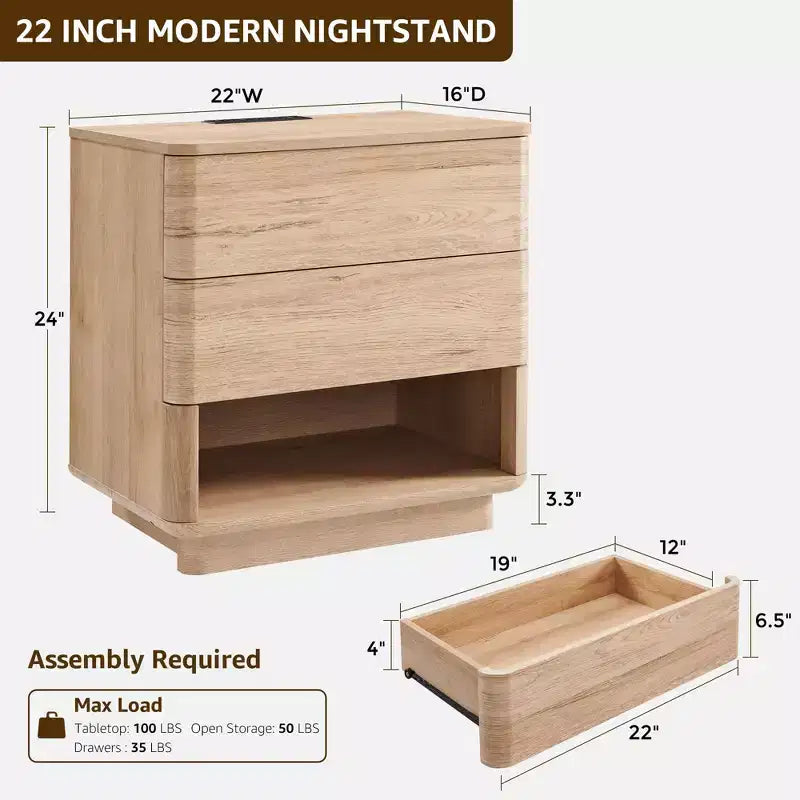 Table de chevet moderne 22 avec façade incurvée, en bois, avec station de recharge et tiroirs à ouverture par pression, meuble de rangement