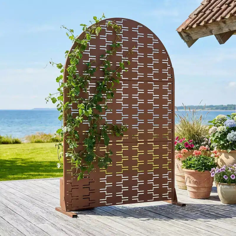 Paravent d’intimité extérieur en métal, arqué, autoportant, de 72H x 47W, panneaux de clôture gris clair/marron pour jardin, patio, terrasse et cour